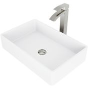 Vigo Magnolia 21" Rectangular Stone Composite Vessel Bathroom Sink with 1.2 GPM 12" Deck Mounted Bathroom Faucet and Pop-Up Drain Assembly PVD Brushed Nickel