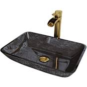 Vigo Donatello 18" Rectangular Glass Vessel Bathroom Sink with 1.2 GPM Waterfall 11" H Deck Mounted Bathroom Faucet and Pop-Up Drain Assembly Matte Gold