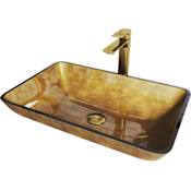 Vigo Donatello 22" Rectangular Glass Vessel Bathroom Sink with 1.2 GPM 11" Deck Mounted Bathroom Faucet and Pop-Up Drain Assembly Matte Gold