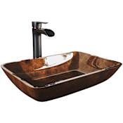 Vigo Donatello 18" Rectangular Glass Vessel Bathroom Sink with 1.2 GPM Waterfall 11" H Deck Mounted Bathroom Faucet and Pop-Up Drain Assembly Russet