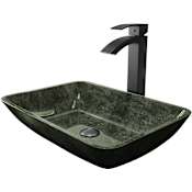 Vigo Donatello 18" Rectangular Glass Vessel Bathroom Sink with 1.2 GPM 12" Deck Mounted Bathroom Faucet and Pop-Up Drain Assembly Gray