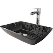Vigo Donatello 18" Rectangular Glass Vessel Bathroom Sink with 1.2 GPM Waterfall 11" H Deck Mounted Bathroom Faucet and Pop-Up Drain Assembly Chrome