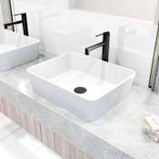 Vigo Matte Stone Marigold Composite Rectangular Vessel Bathroom Sink with Faucet and Pop-Up Drain Matte Black