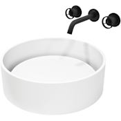 Vigo Anvil 16" Circular Stone Composite Vessel Bathroom Sink with 1.2 GPM 3" Wall Mounted Bathroom Faucet and Pop-Up Drain Assembly Matte Black
