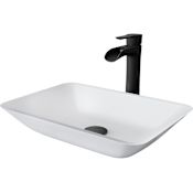 Vigo Sottile 18" Rectangular Glass Vessel Bathroom Sink with 1.2 GPM Waterfall 11" H Deck Mounted Bathroom Faucet and Pop-Up Drain Assembly Matte Black