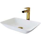 Vigo Sottile 18" Rectangular Glass Vessel Bathroom Sink with 1.2 GPM Waterfall 11" H Deck Mounted Bathroom Faucet and Pop-Up Drain Assembly Matte Brushed Gold