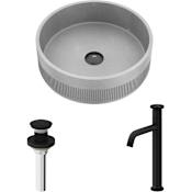 Vigo Cypress 16" Circular Concrete Vessel Bathroom Sink with 1.2 GPM 12" Deck Mounted Bathroom Faucet and Pop-Up Drain Assembly Matte Black