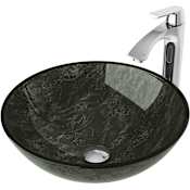 Vigo Giovanni 17" Circular Glass Vessel Bathroom Sink with 1.2 GPM 11" Deck Mounted Bathroom Faucet and Pop-Up Drain Assembly Chrome
