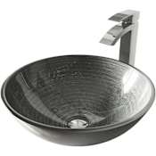 Vigo Giovanni 17" Circular Glass Vessel Bathroom Sink with 1.2 GPM 12" Deck Mounted Bathroom Faucet and Pop-Up Drain Assembly Chrome