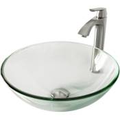 Vigo Giovanni 17" Circular Glass Vessel Bathroom Sink with 1.2 GPM 11" Deck Mounted Bathroom Faucet and Pop-Up Drain Assembly Brushed Nickel