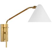 Visual Comfort Laken 17" Tall Swing Arm Hardwired or Plug-In Wall Sconce with White Metal Shade Hand-Rubbed Antique Brass / Natural Rattan