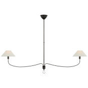 Visual Comfort Griffin 2 Light 62" Wide Linear Chandelier with White Linen Shades Bronze / Chocolate Leather