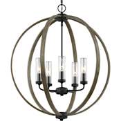 Visual Comfort Allier 5 Light 24" Wide Globe Outdoor Chandelier Weathered Oak Wood / Antique Forged Iron