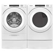 Whirlpool 27 Inch Wide 4.3 Cu. Ft. Electric Washer and 27 Inch Wide 7.4 Cu. Ft. Gas Dryer Laundry Pair with Pedestal and Advanced Moisture Sensing White