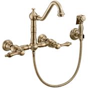 Whitehaus Vintage III Plus 1.5 GPM Widespread Wall Mount Kitchen Faucet with Traditional Swivel Spout and Solid Brass Side Spray Antique Brass