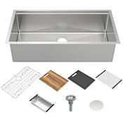 Whitehaus 36" Undermount Single Basin Stainless Steel Kitchen Sink with Basin Rack, Basket Strainer, Colander and Cutting Board Brushed Stainless Steel
