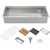 Whitehaus 45" Undermount Single Basin Stainless Steel Kitchen Sink with Basin Rack, Basket Strainer, Colander and Cutting Board Brushed Stainless Steel