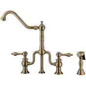 Whitehaus Twisthaus Plus 1.5 GPM Widespread Bridge Kitchen Faucet - Includes Side Spray Antique Brass