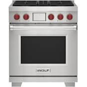 Wolf 30 Inch Wide 5.1 Cu. Ft. Free Standing Dual Fuel Range with Gourmet Mode and Self Clean Stainless Steel