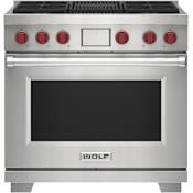 Wolf 36 Inch Wide 6.3 Cu. Ft. Free Standing Dual Fuel Range with Char Broiler and Self Clean Stainless Steel