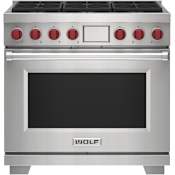 Wolf 36 Inch Wide 6.3 Cu. Ft. Free Standing Dual Fuel Range with Gourmet Mode and Timed Cook Stainless Steel
