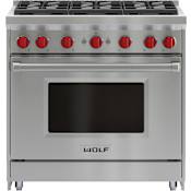 Wolf 36 Inch Wide 5.5 Cu. Ft. Free Standing Liquid Propane Range Stainless Steel