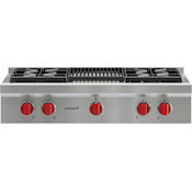 Wolf 36 Inch Wide 4 Burner Liquid Propane Rangetop with Infrared Charbroiler Stainless Steel