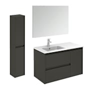 WS Bath Collections Ambra 36" Wall Mounted Single Basin Vanity Set with Cabinet, Ceramic Vanity Top, Frameless Mirror, and Side Cabinet Gloss Anthracite
