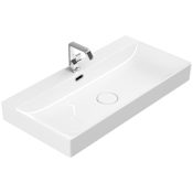 WS Bath Collections Edge 35-3/8" Rectangular Ceramic Vessel, Wall Mounted Bathroom Sink with Overflow and Single Faucet Hole Glossy White