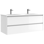 WS Bath Collections Perla 48" Wall Mounted Double Basin Vanity Set with Cabinet and Ceramic Vanity Top Glossy White