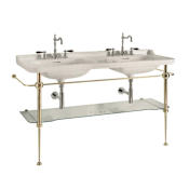 WS Bath Collections Waldorf 59-1/8" Rectangular Brass and Ceramic Console Bathroom Sink with Overflow and 3 Faucet Holes at 8" Centers Glossy White / Gold