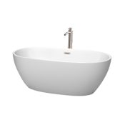Wyndham Collection Juno 63" Free Standing Acrylic Soaking Tub with Center Drain, Drain Assembly, and Overflow - Includes Floor Mounted Tub Filler with Hand Shower Matte White / Brushed Nickel Trim