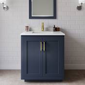 Wyndham Collection Miranda 30" Free Standing Single Basin Vanity Set with Cabinet and Cultured Marble Vanity Top Dark Blue / Carrara Cultured Marble Top / Brushed Gold Hardware