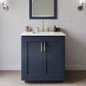 Wyndham Collection Miranda 30" Free Standing Single Basin Vanity Set with Cabinet and Quartz Vanity Top Dark Blue / Giotto Quartz Top / Brushed Gold Hardware