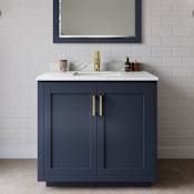 Wyndham Collection Miranda 36" Free Standing Single Basin Vanity Set with Cabinet, Quartz Vanity Top, and Framed Mirror Dark Blue / Giotto Quartz Top / Brushed Gold Hardware