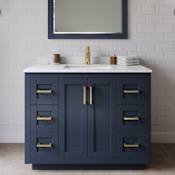 Wyndham Collection Miranda 42" Free Standing Single Basin Vanity Set with Cabinet, Cultured Marble Vanity Top, and Framed Mirror Dark Blue / Carrara Cultured Marble Top / Brushed Gold Hardware