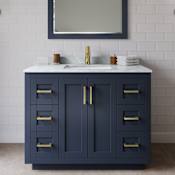 Wyndham Collection Miranda 42" Free Standing Single Basin Vanity Set with Cabinet and Marble Vanity Top Dark Blue / White Carrara Marble Top / Brushed Gold Hardware