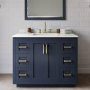 Wyndham Collection Miranda 42" Free Standing Single Basin Vanity Set with Cabinet, Quartz Vanity Top, and Framed Mirror Dark Blue / Giotto Quartz Top / Brushed Gold Hardware