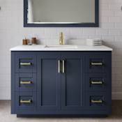 Wyndham Collection Miranda 48" Free Standing Single Basin Vanity Set with Cabinet and Cultured Marble Vanity Top Dark Blue / Carrara Cultured Marble Top / Brushed Gold Hardware