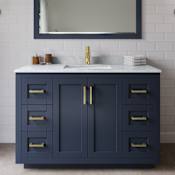Wyndham Collection Miranda 48" Free Standing Single Basin Vanity Set with Cabinet, Marble Vanity Top, and Framed Mirror Dark Blue / White Carrara Marble Top / Brushed Gold Hardware