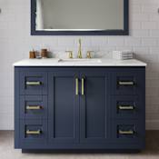 Wyndham Collection Miranda 48" Free Standing Single Basin Vanity Set with Cabinet, Quartz Vanity Top, and Framed Mirror Dark Blue / Giotto Quartz Top / Brushed Gold Hardware