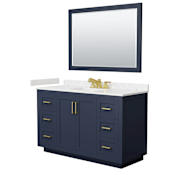 Wyndham Collection Miranda 54" Free Standing Single Basin Vanity Set with Cabinet, Cultured Marble Vanity Top, and Framed Mirror Dark Blue / Carrara Cultured Marble Top / Brushed Gold Hardware