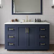Wyndham Collection Miranda 54" Free Standing Single Basin Vanity Set with Cabinet, Quartz Vanity Top, and Framed Mirror Dark Blue / Giotto Quartz Top / Brushed Gold Hardware