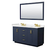 Wyndham Collection Miranda 60" Free Standing Double Basin Vanity Set with Cabinet, Cultured Marble Vanity Top, and Framed Mirror Dark Blue / Carrara Cultured Marble Top / Brushed Gold Hardware
