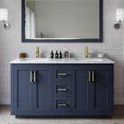 Wyndham Collection Miranda 60" Free Standing Double Basin Vanity Set with Cabinet, Marble Vanity Top, and Framed Mirror Dark Blue / White Carrara Marble Top / Brushed Gold Hardware