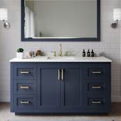 Wyndham Collection Miranda 60" Free Standing Single Basin Vanity Set with Cabinet and Quartz Vanity Top Dark Blue / Giotto Quartz Top / Brushed Gold Hardware