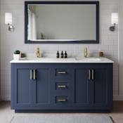 Wyndham Collection Miranda 66" Free Standing Double Basin Vanity Set with Cabinet and Quartz Vanity Top Dark Blue / Giotto Quartz Top / Brushed Gold Hardware