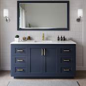 Wyndham Collection Miranda 66" Free Standing Single Basin Vanity Set with Cabinet and Cultured Marble Vanity Top Dark Blue / Carrara Cultured Marble Top / Brushed Gold Hardware