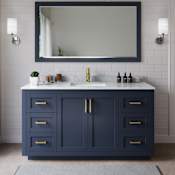 Wyndham Collection Miranda 66" Free Standing Single Basin Vanity Set with Cabinet, Marble Vanity Top, and Framed Mirror Dark Blue / White Carrara Marble Top / Brushed Gold Hardware