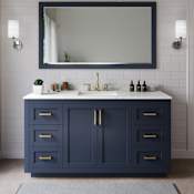 Wyndham Collection Miranda 66" Free Standing Single Basin Vanity Set with Cabinet and Quartz Vanity Top Dark Blue / Giotto Quartz Top / Brushed Gold Hardware
